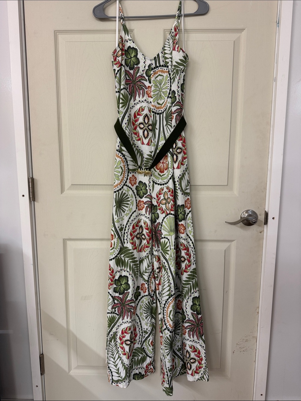 Tori Richard Tropical Print Spaghetti-Strap Jumpsuit in Green, Cream and Rust